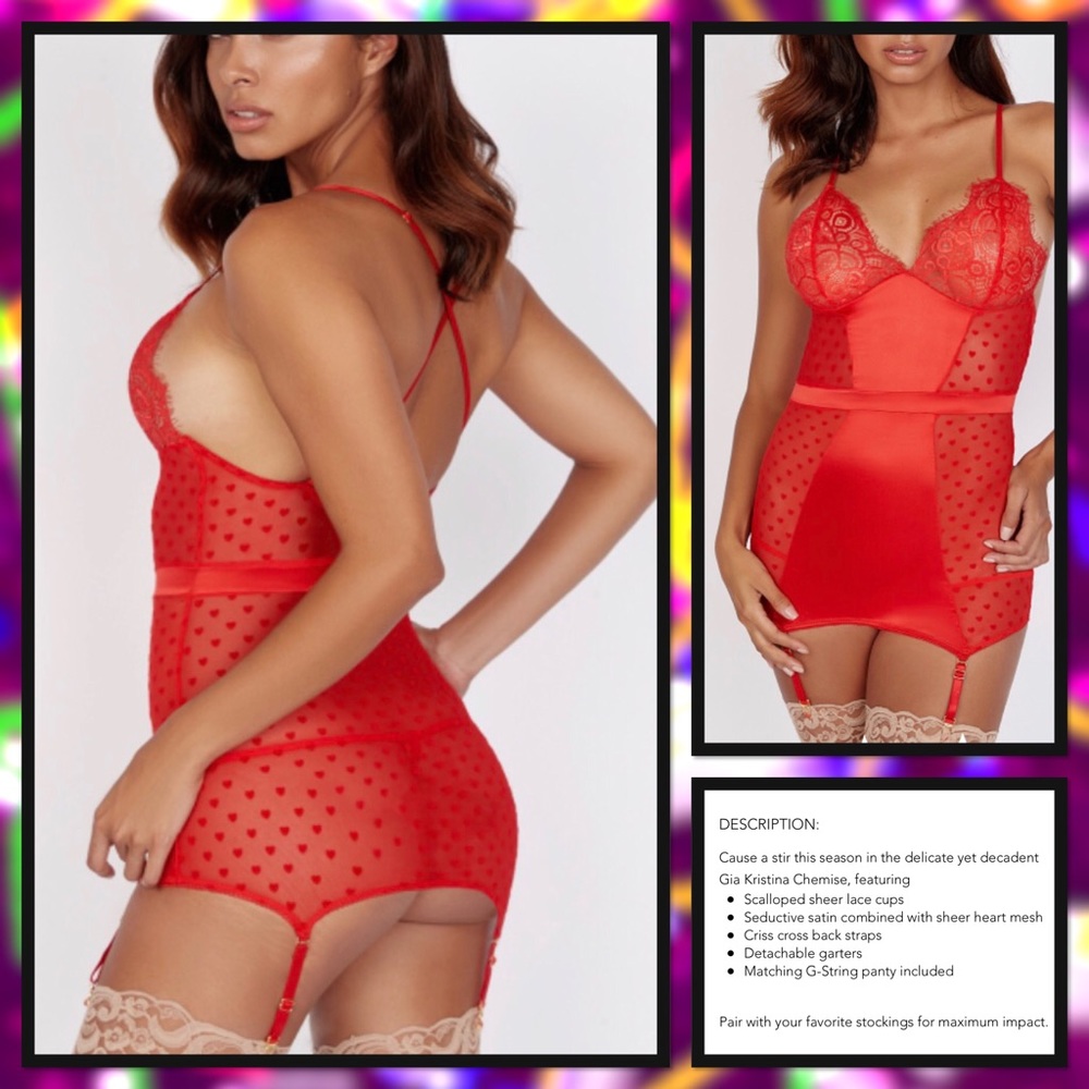 Red hot velvety hearts mesh satin chemise dress lingerie garter straps S & M 😍
